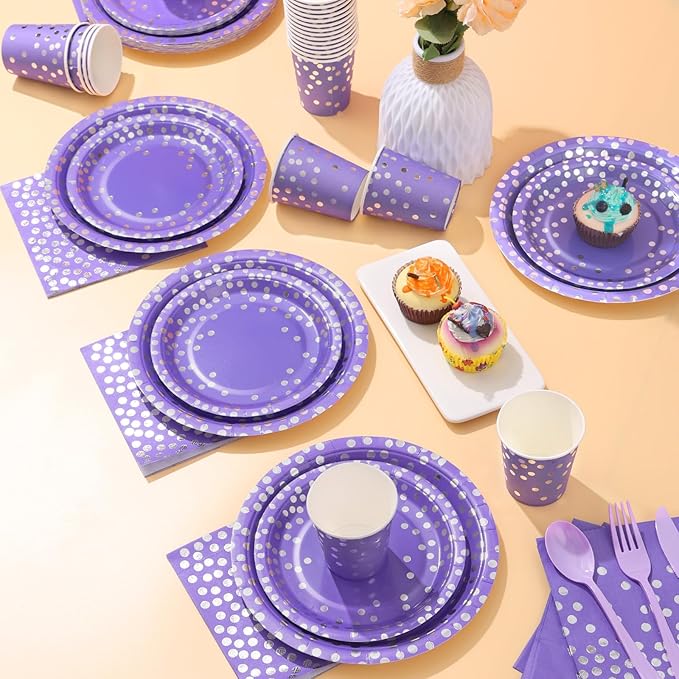 Purple Party Decorations, 168Pcs Purple Plates and Napkins Party Supplies, Lavender Birthday Plates Serves 24, Birthday Decorations for Mardi Gras, Graduation, Mothers Day