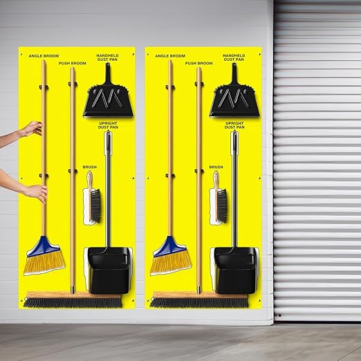 Clean & Sweep 5S Shadow Board/Wall Mount Broom Holder, 68" x 30" Board, 5S Cleaning Station - with Broom and Dustpan Set Included, Made in The USA by AccuformNMC, Yellow/White, PSB116YLWT