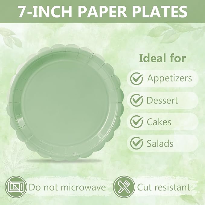 Mulbozy 75 Sage Green Plates and Napkins Disposable Set Includes 25 Dessert Cake Scalloped Plates, Cocktail Napkins & Forks, for Fork 25 Guests Holiday Party Supplies.