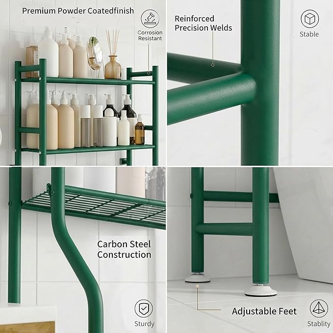 GloTika 3-Tier Over Toilet Storage with Anti-Tilt Safety System - 150lb Total Capacity Metal Bathroom Shelves Including Paper Holder & 4 Hooks, Space Saving Above Commode Organizer (64" H, Green)
