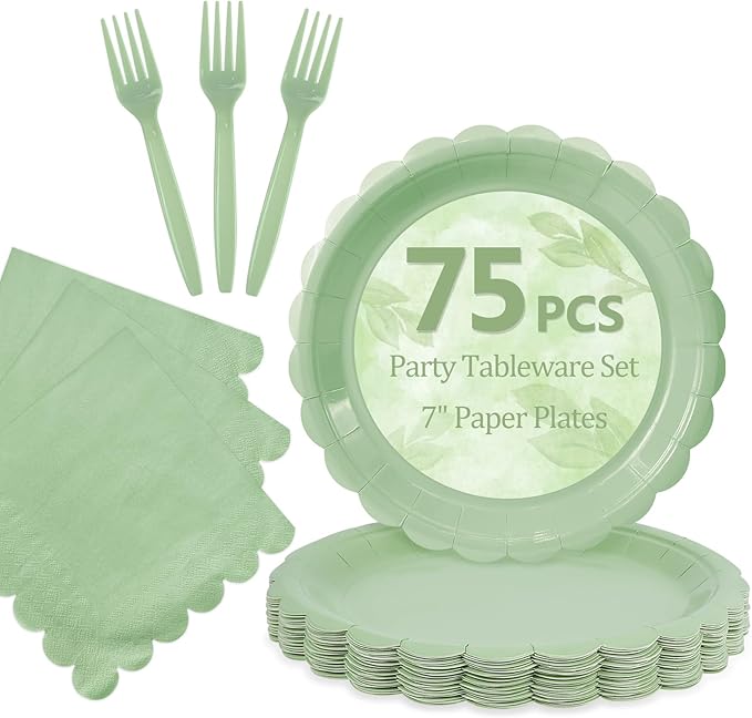 Mulbozy 75 Sage Green Plates and Napkins Disposable Set Includes 25 Dessert Cake Scalloped Plates, Cocktail Napkins & Forks, for Fork 25 Guests Holiday Party Supplies.