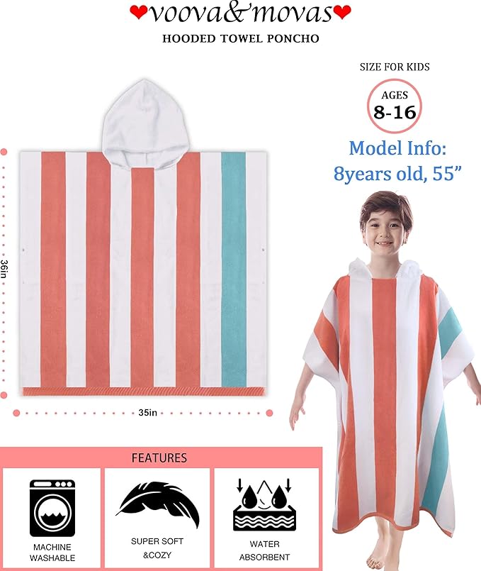 VOOVA & MOVAS Hooded Poncho Towel for Teens Unisex 100% Cotton Retro Bold Beach Pool Swim Cover Up Red White Teal Stripe