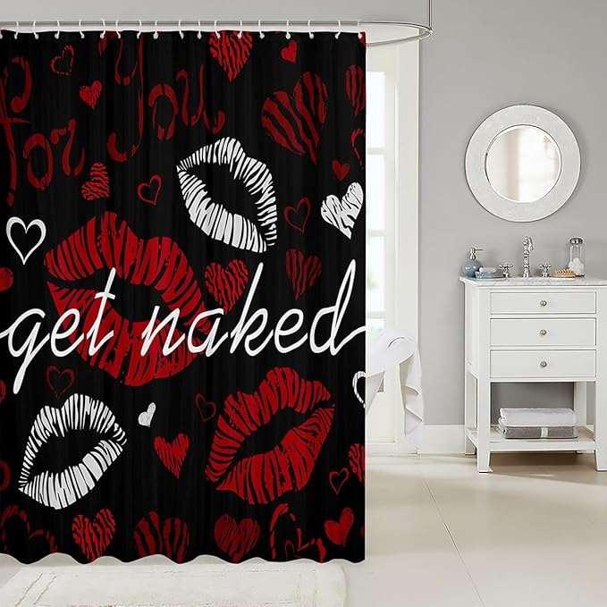 Sexy Lips Bath Curtain Funny Get Naked Shower Curtain for Couple Lover Kiss Shower Curtain Set with Hooks White Red Woman Mouth Pattern Waterproof Cloth Fabric Bathroom Decor Room Decor 72x84 Inch