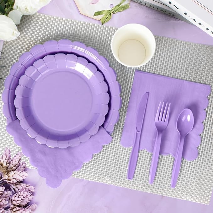 Vyntra 175 Pcs Lavender Purple Disposable Paper Plates and Napkins Set for 25, 9" Dinner Plates & 7" Dessert Plates, Tableware for Baby Shower, Bridal Shower, Birthday, Party