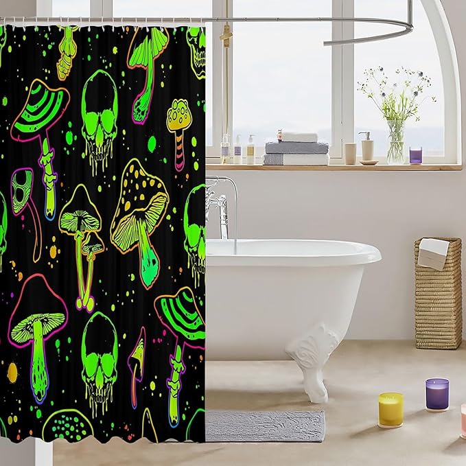 Feelyou Halloween Bath Curtain Cute Mushroom Decor Shower Curtain Sugar Skull Bathroom Shower Curtain Set for Boys Halloween Theme Fluorescent Style Kids Bathroom Accessories 72"x72"