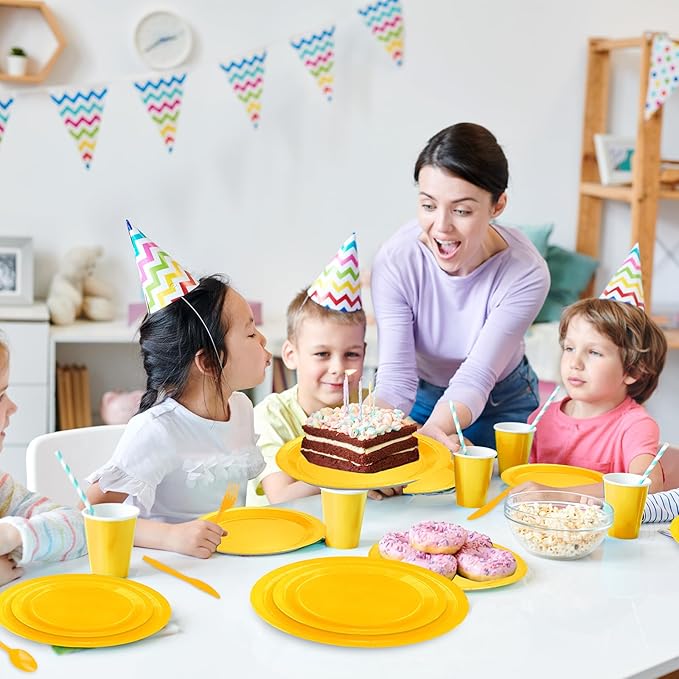 228PCS Yellow Party Supplies Set Include Paper Plates Cups Paper Napkins Plastic Spoons Forks Knives for 30 Guests Disposable Party Dinnerware for Birthday Wedding Family Picnic