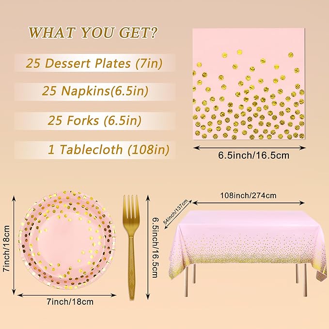 Pink and Gold Paper Plates and Napkins Tablecloth Party Supplies,Serves 25 Guests Pink Gold Plates and Napkins Tablecloth,Disposable Tableware Set for Birthday Wedding Bridal Shower Decorations