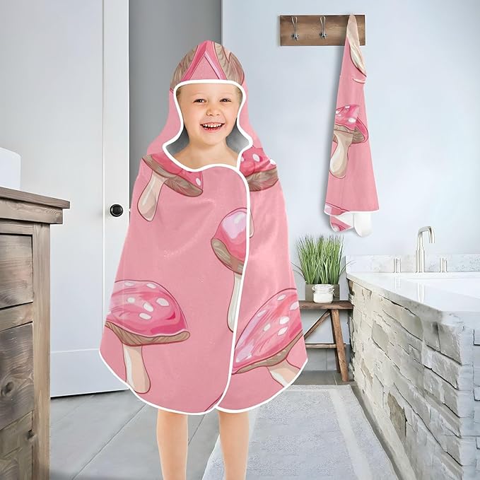 SUABO Kids' Bath Towels Pink Mushroom Hooded Towels for Boys Girls,Toddler Towels Multi-Purpose for Beach,Pool and Bathroom,23.5" x 50", Soft and Highly Absorbent