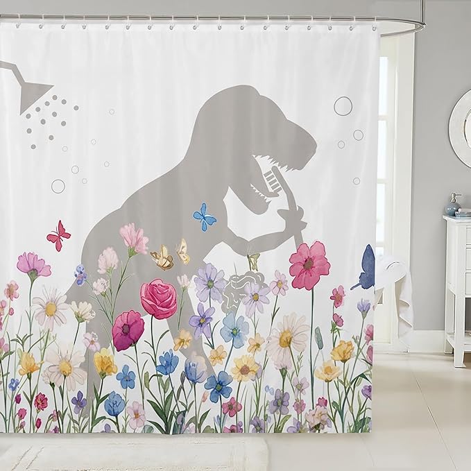 Feelyou Dinosaur Shower Curtain Shower Dino Fabric Shower Curtain for Kids Boys Girls Spring Flowers Bathroom Waterproof Accessories with 12 Hooks Butterflies Curtains,72x78 Inches
