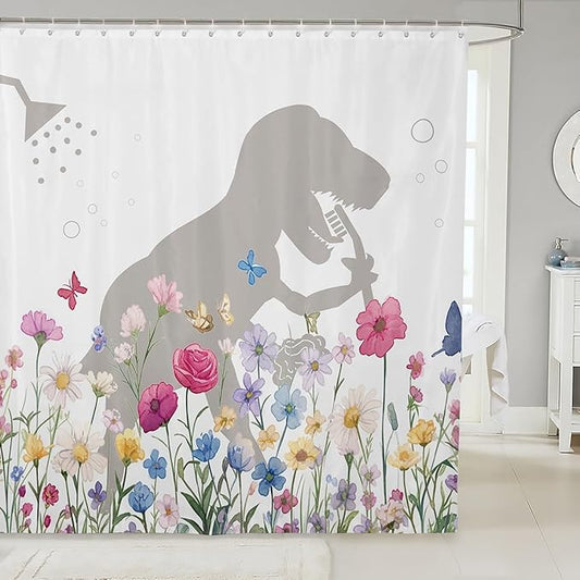 Feelyou Dinosaur Shower Curtain Shower Dino Fabric Shower Curtain for Kids Boys Girls Spring Flowers Bathroom Waterproof Accessories with 12 Hooks Butterflies Curtains,72x84 Inches