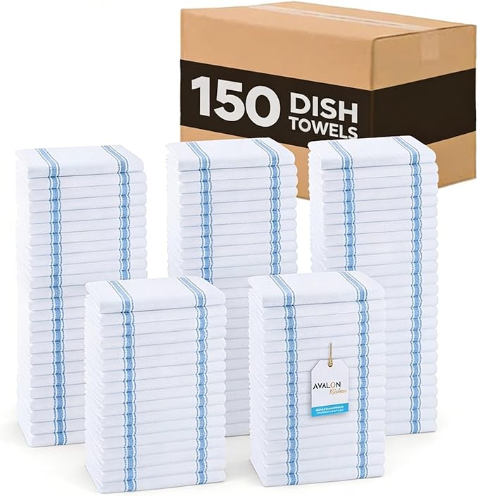 Avalon Kitchen Dish Towels Set (Value Pack of 150) Size 15x25 Inch, 100% Cotton Soft & Absorbent Kitchen Towels, Tea Towels, Reusable Cleaning Cloths for Household Cleaning (Blue)