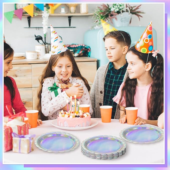 NatNarr 30 Pcs Iridescent Plates Disposable 9 Inch Scalloped Holographic Plates Sliver Birthday Cake Dessert Plate for 2026 Graduation, Mermaid, Disco, Unicorn Birthday