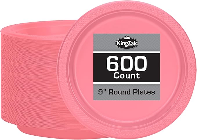 Hanna K. Signature Pink Plastic Plates - 9 Inch, 600 Count - Solid Round Party Plates For Weddings, BBQs, Birthdays