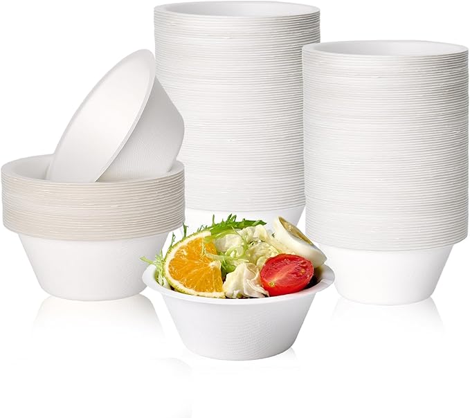 ECOLipak 300 Pack Compostable Paper Bowls, 8 oz Heavy-Duty Disposable Biodegradable Soup Bowls Made of Natural Bagasse, Suitable for Soup, Ice Cream, Salad, Dessert, Milk