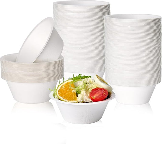 ECOLipak 300 Pack Compostable Paper Bowls, 8 oz Heavy-Duty Disposable Biodegradable Soup Bowls Made of Natural Bagasse, Suitable for Soup, Ice Cream, Salad, Dessert, Milk