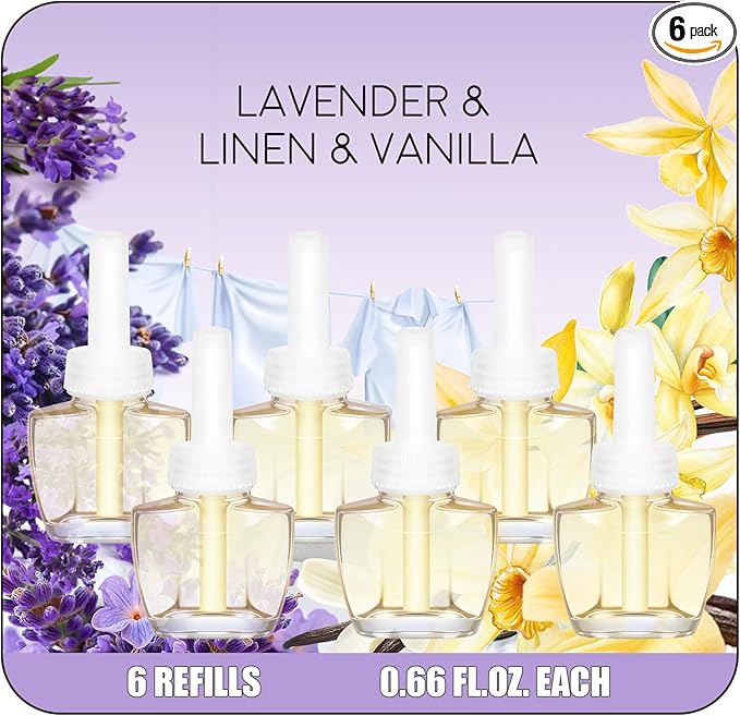 Plug in Air Freshener Refills, Wall Plug In Refill 6 Count, Lavender, Linen & Vanilla Scents, 3.96 Fl Oz, Air Fresheners for Home and Bathroom, Compatible with Air Wick & Glade, Not for Glade Plus