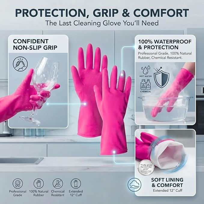 ForPro Natural Rubber Gloves, 6 Pairs Reusable Multi-Purpose Household Cleaning Gloves with Soft Inner Lining, Waterproof & Chemical-Resistant, Cotton Candy, Small