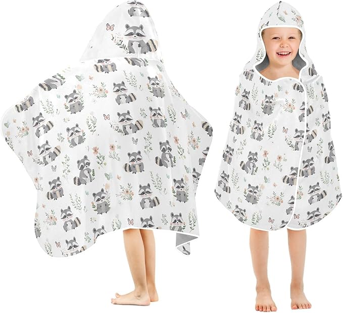 Kid Beach Towel Cute Raccoon White Hooded Towels for Kids Quick Dry Toddler Bath Towel