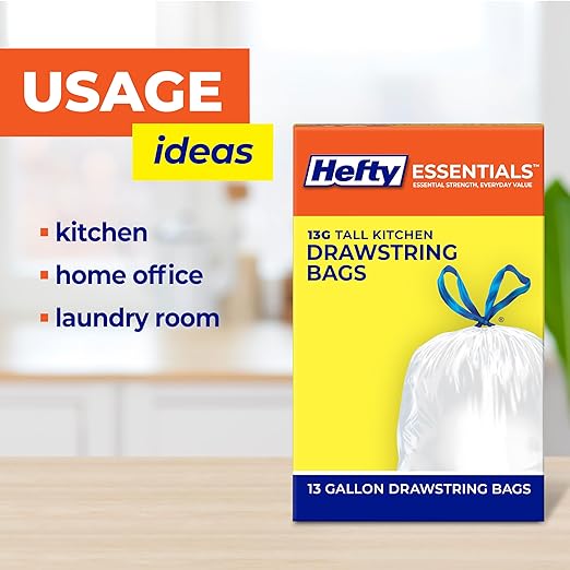 Hefty Essentials Drawstring 13 Gallon Kitchen Trash Bags, 45 Count, Tall Unscented Trash Bags for Kitchens, Home Offices, or Laundry Rooms, Easy to Tie, Lift, and Carry, White (Pack of 6)