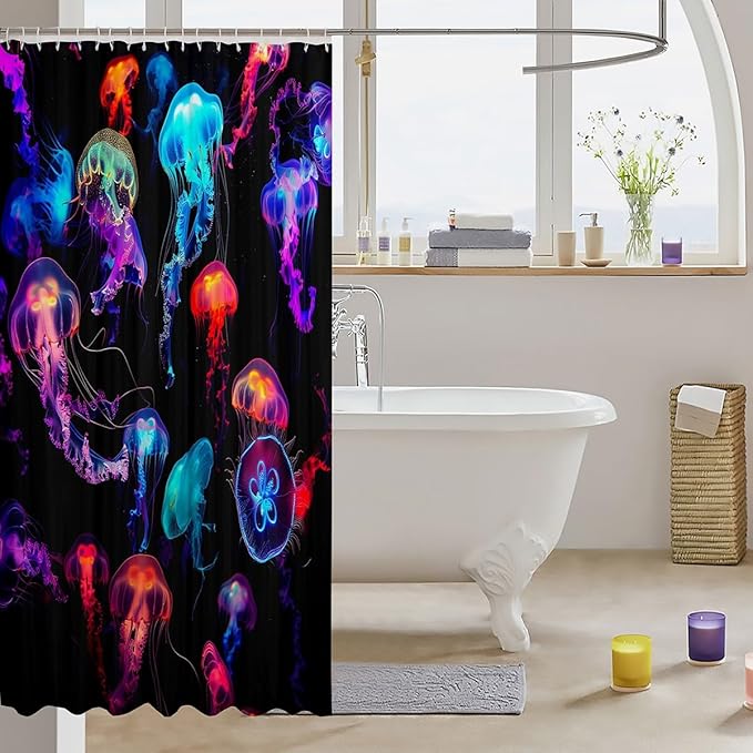 Erosebridal Jellyfish Printed Bath Curtain, Ocean Sealife Animal Bathroom Shower Curtain Colorful Jellyfish Shower Curtains, Bathroom Cloth Curtain Decor Waterproof with Hooks Polyester 72" W x 84" L