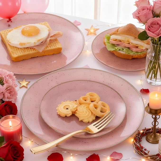 Liacere 32PCS Pink Plastic Plates - Pink Plastic Ceramic Disposable Tableware Plates Modern Dinnerware Set - Wedding & Party & Mothers Day