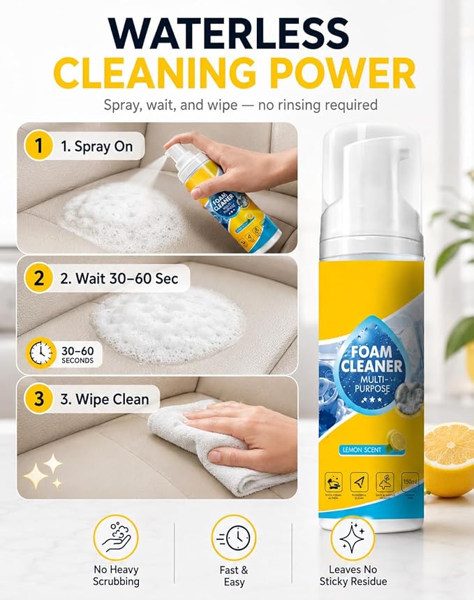 Foam Cleaner All Purpose, 4-in-1 Multi-Enzyme No-Rinse Deep Cleaning Spray for Car Interior, Kitchen Grease, Bathroom Tiles, Sofa Upholstery, Multi-Surface Home & Auto Cleaner (1)