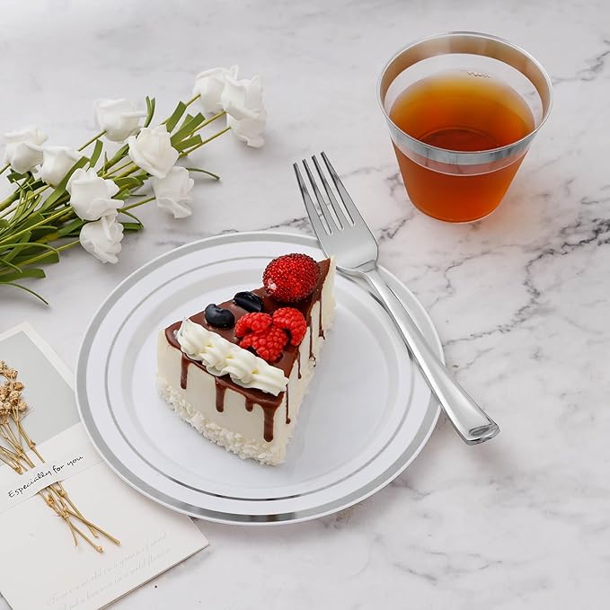 BESTVIP 450PCS Plastic Dinnerware Set (75 Guests), Silver Disposable Plates for Party, Wedding, Christmas, Anniversary, Includes: Dinner Plates, Dessert Plates, Cups, Spoons, Forks and Knives