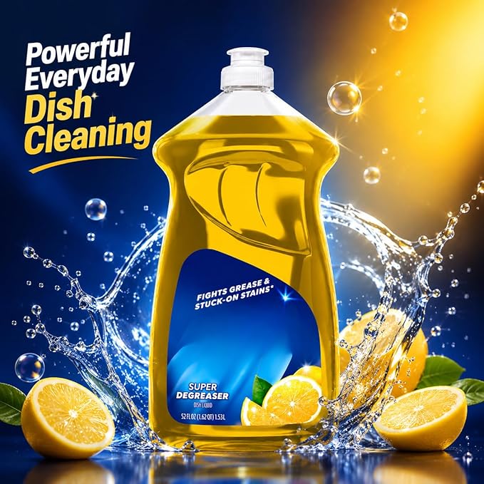 Liquid Dish Soap, Lemon Scent Dishwashing Liquid, Grease Cleaning Formula with Easy Flip Cap, Large 52 fl oz Bottle for Kitchen Use
