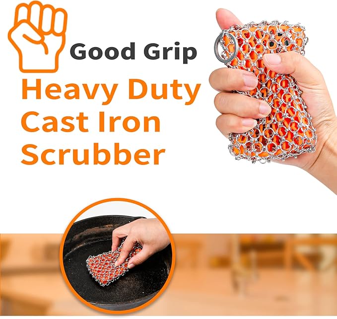 Herda 316L Cast Iron Scrubber Cleaner, Large Cast Iron Chain Mail Scrubber - Chainmail Scrubber Sponge - Metal Skillet Scrubbing, Wok, Dutch Oven Cleaning Kit-Detachable