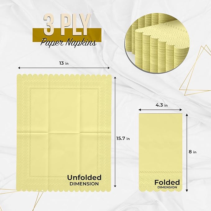 Party Solids Yellow Scalloped Napkins Disposable 100 Pcs 3-Ply Yellow Scalloped Dinner Napkins Disposable Decorative for Dinners & Parties, Paper Guest Towels for Bathroom & Party Supplies