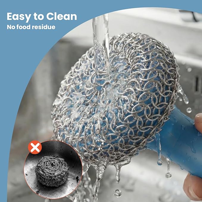 Cast Iron Scrubber with Long Handle | 316 Cast Iron Cleaner Chainmail Scrubber for Pan Skillet Cleaner - Dish Scouring Pad Dishwasher Safe Cleaning Kit (Blue, 1 Scrubber + 1 Scraper)
