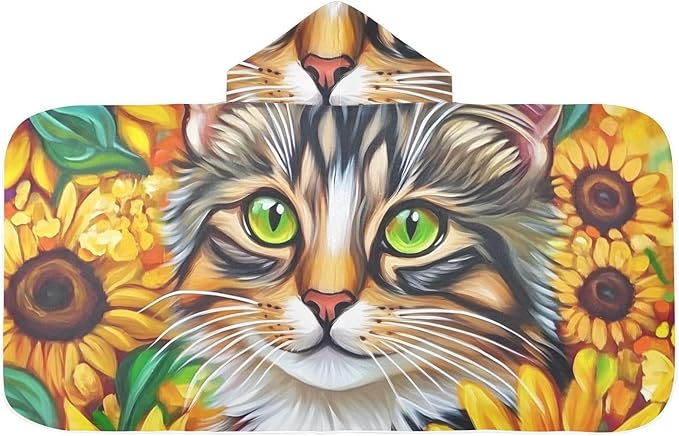 SUABO Kids' Bath Towels Sunflower Cat Hooded Towels for Boys Girls,Toddler Towels Multi-Purpose for Beach,Pool and Bathroom,23.5" x 50", Soft and Highly Absorbent
