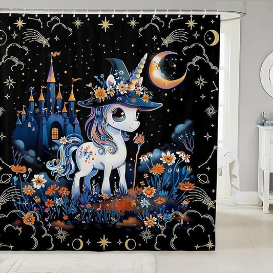 Cartoon Animals Shower Curtain with Hooks,Mysterious Castle Flower Starry Sky Room Decor Bath Curtain,Halloween Unicorn Bathroom Accessories Waterproof Panel,72x 84 Inches