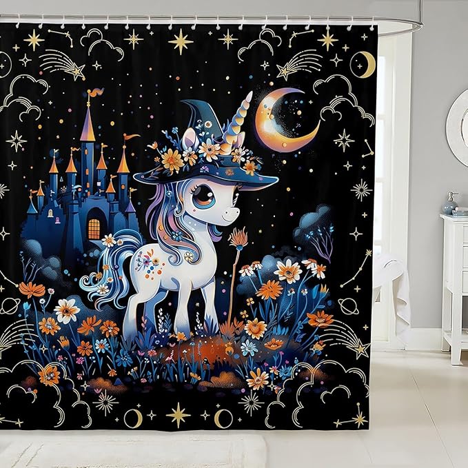 Mysterious Castle Flower Starry Sky Shower Curtains,Cartoon Animals Bath Curtain,Halloween Unicorn Cloth Fabric Bathroom Decor Set with Hooks,78" Long