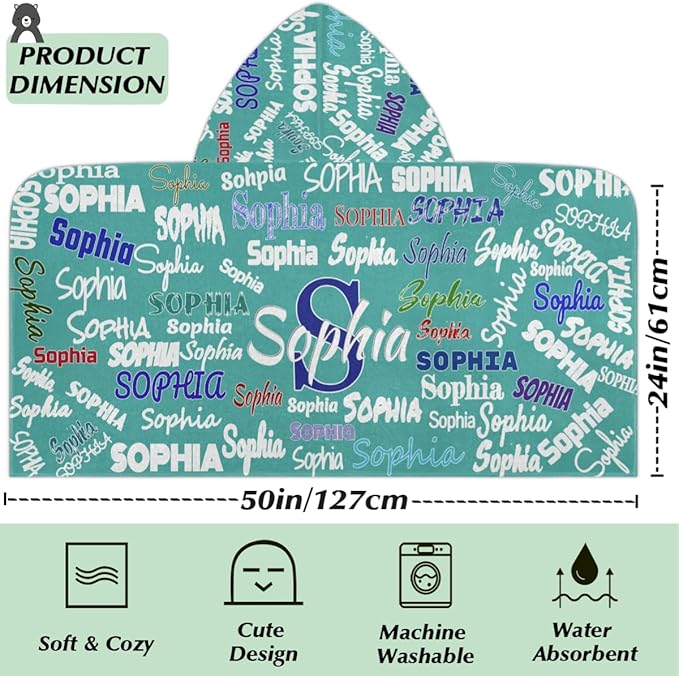 Custom Name Hooded Towels Bath Towels for Kids Toddler Infant Absorbent Bath Shower Gifts for Boy and Girl 24 x 50 Inch, Medium Turquoise Color