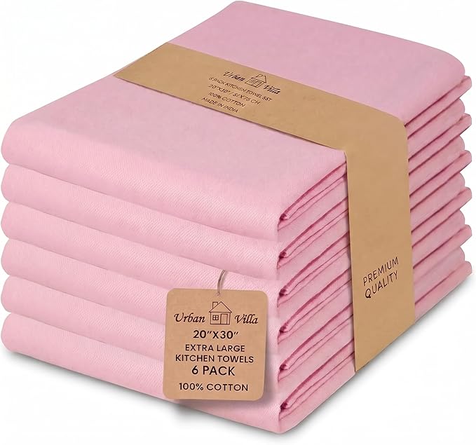 Urban Villa Kitchen Towels 100% Cotton Dish Towels for Kitchen(Set of 6) 20”x30” Dish Cloths Highly Absorbent Kitchen Linen Set with Hanging Loop Perfect for Drying Dishes Cleaning Hand Towels – Pink