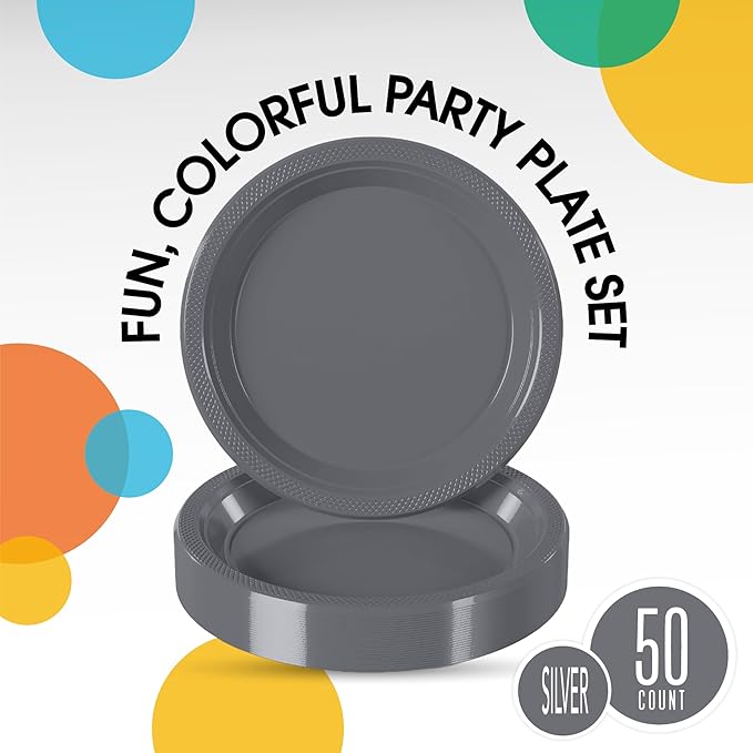 Exquisite Party Solids Silver Plastic Plates For Party Supplies 10" Silver Disposable Plates Heavy Duty 50 Pcs Plastic Dinnerware Sets Heavy Duty 350 GSM Disposable Dinnerware Set