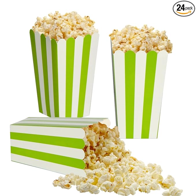 XIEHE 24 Pack Striped Popcorn Boxes - Carnival Parties Mini Paper Popcorn and Candy Containers, Party Supplies for Movie Nights (Green)
