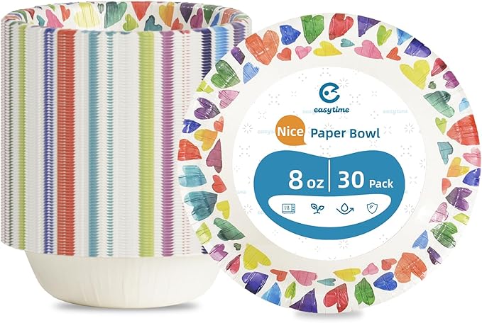 30 Pack Paper Bowls, 8 Oz Disposable Soup Bowl, Heavy Duty Printed Disposable Bowls Bulk For Snacks, Dessert, Breakfast, Lunch And Dinner Meals (Heart Pattern)