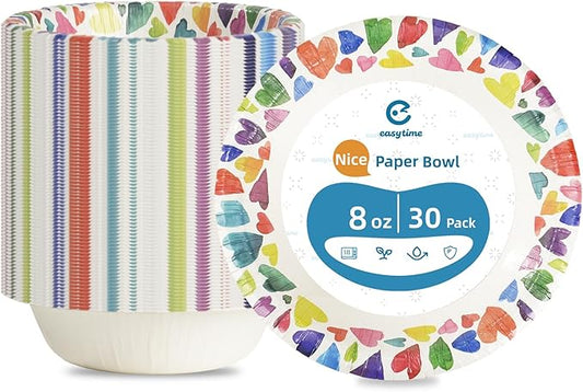 30 Pack Paper Bowls, 8 Oz Disposable Soup Bowl, Heavy Duty Printed Disposable Bowls Bulk For Snacks, Dessert, Breakfast, Lunch And Dinner Meals (Heart Pattern)