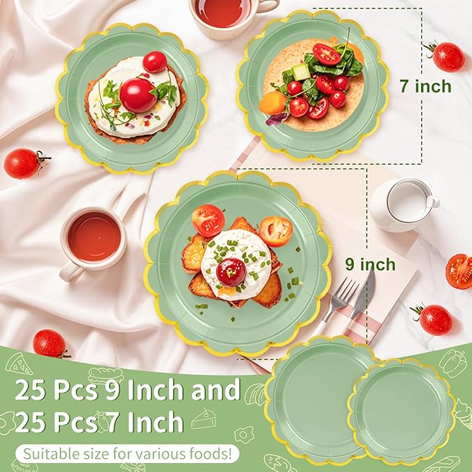 50 Pcs Sage Green Paper Plates, 25 Pcs 9" and 25 Pcs 7" Disposable Sage Green Scalloped Plates with Gold Foil for Graduation Wedding Baby Shower Birthday Party Picnic BBQ