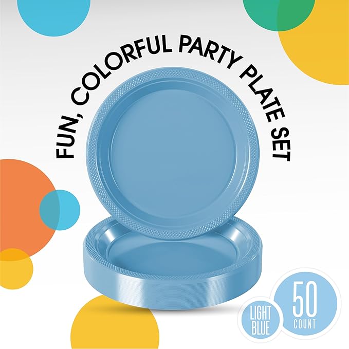 Exquisite Party Solids Light Blue Plastic Plates For Party Supplies 10" Light Blue Disposable Plates Heavy Duty 50 Pcs Plastic Dinnerware Sets Heavy Duty 350 GSM Disposable Dinnerware Set