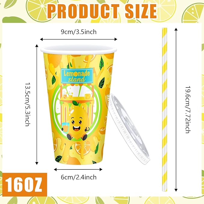Tessco 150 Pcs 50 Sets Lemonade Paper Cups with Lids and Straws 16 oz Disposable Iced Coffee Paper Cup Summer Cold Cups for Lemonade Stand Supplies Fruit Party Beverages Drinks Juices