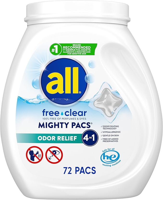 all Unit Dose Laundry Detergent, Mighty Pacs, Free Clear, Odor Relief, 72 Count