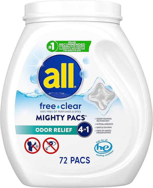 all Unit Dose Laundry Detergent, Mighty Pacs, Free Clear, Odor Relief, 72 Count