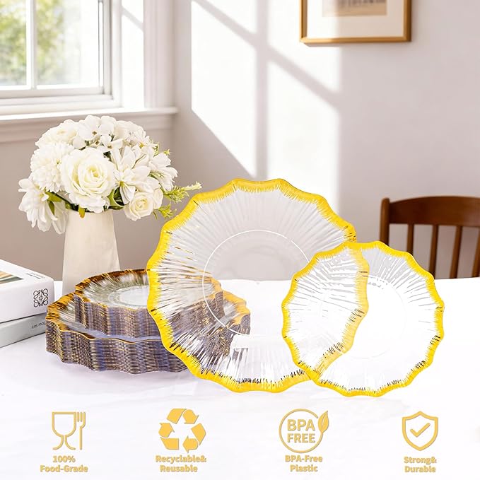 DaYammi 60Pcs Clear Plastic Plates with Gold Rimmed - Gold Disposable Plates Set Including 30pcs Dinner Plates,30pcs Dessert Plates with Radial Texture for Party & Wedding