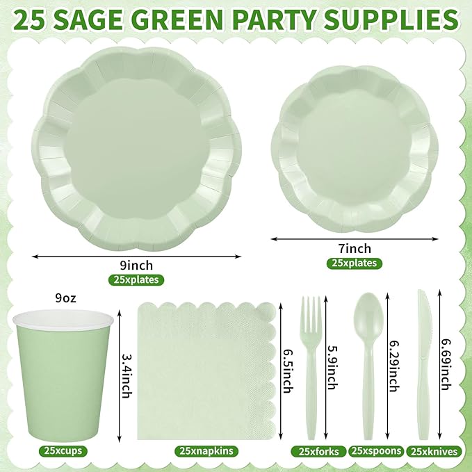 NatNarr 175 Pcs Sage Green Plates and Napkins Set, 25 Guest Sage Green Party Supplies Include Scalloped Paper Plate Napkin Cup Forks Knives Disposable Plastic Cutlery for Wedding Baby Shower Birthday