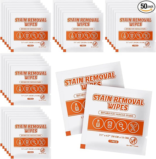 Stain Remover Wet Wipes Bulk, Individual Wrapped Clothes Portable Travel Messy Eater Cleaning Laundry Stain Removal Wipes Pocket Size for Clothing Fabric/Shoes/Wine/Fast Food 7.1 x 4.7 Inch (White 50)