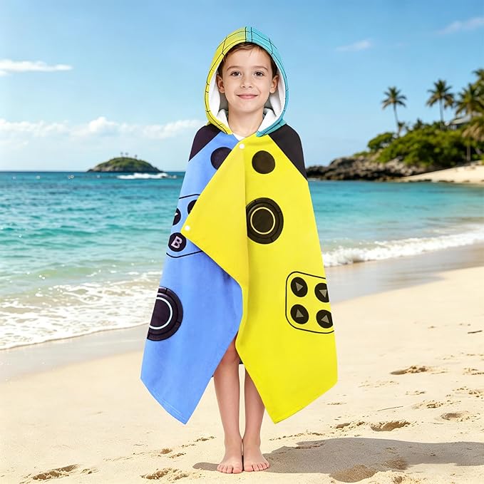 Hooded Towels for Kids - Superfine Fiber Video Game Gamepad Toddler Hood Bath Towels Beach Hooded Poncho Absorbent Pool Toddler Swim Bath Wrap for Boys & Girls 3-10 Years, 60 * 35 inches