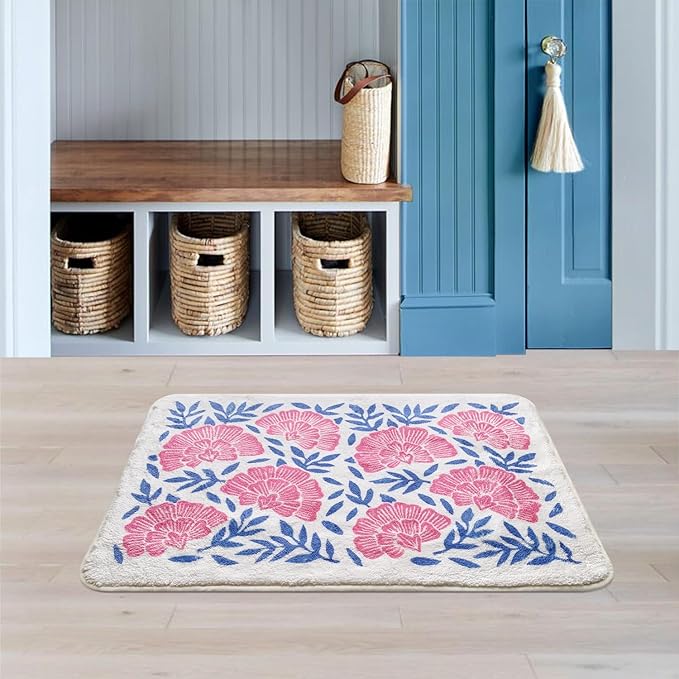 SHIYUE Cute Bath Mat for Bathroom Rugs, Ultra Soft and Fluffy Microfiber Water Absorption Non Slip Mat for Bedroom Kitchen Bathroom Toilet Floors(21"×30" Pink Flower)